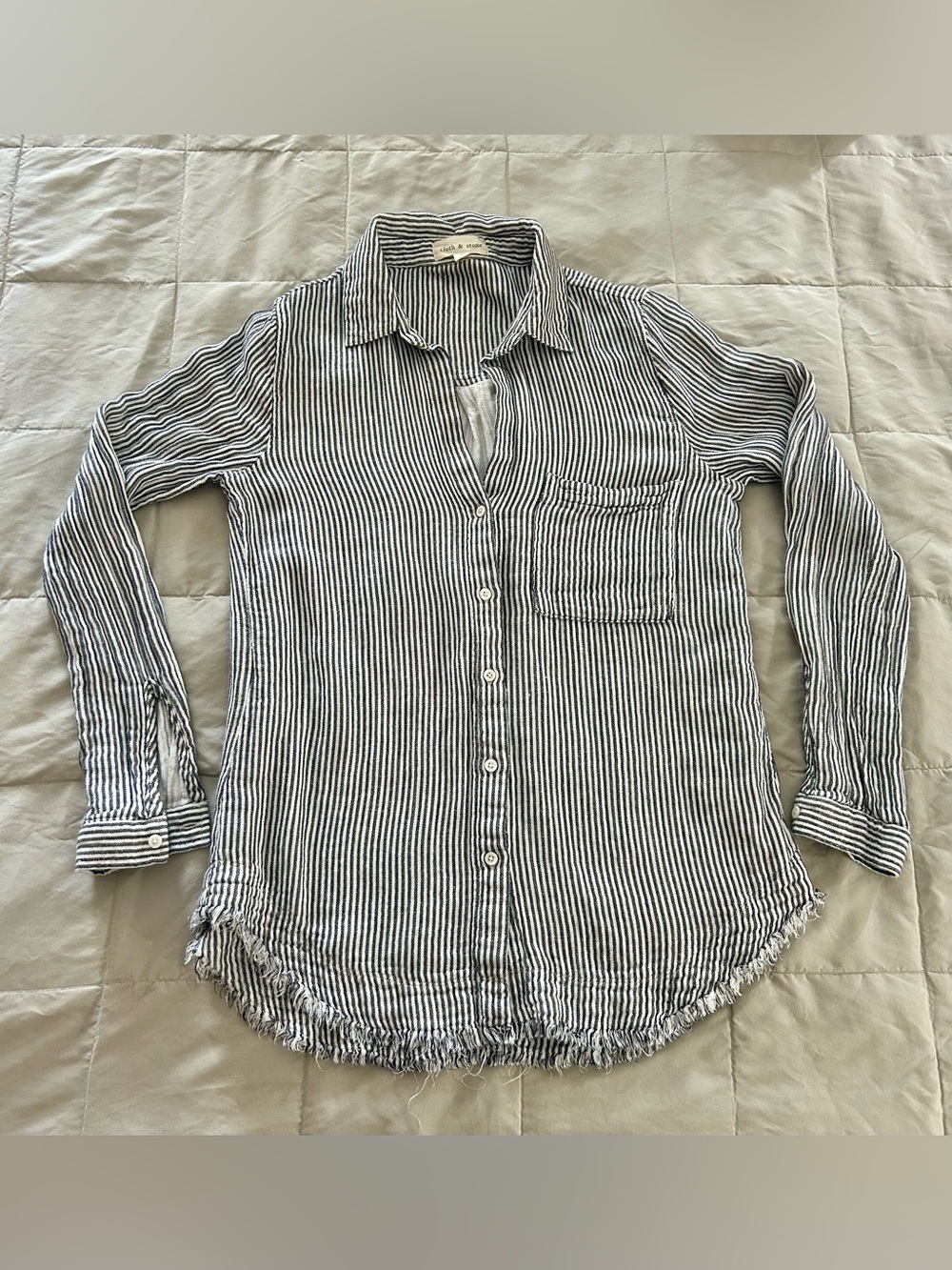 cloth & stone Black and White Striped Button Shirt, Fringed Hem, Women’s Small